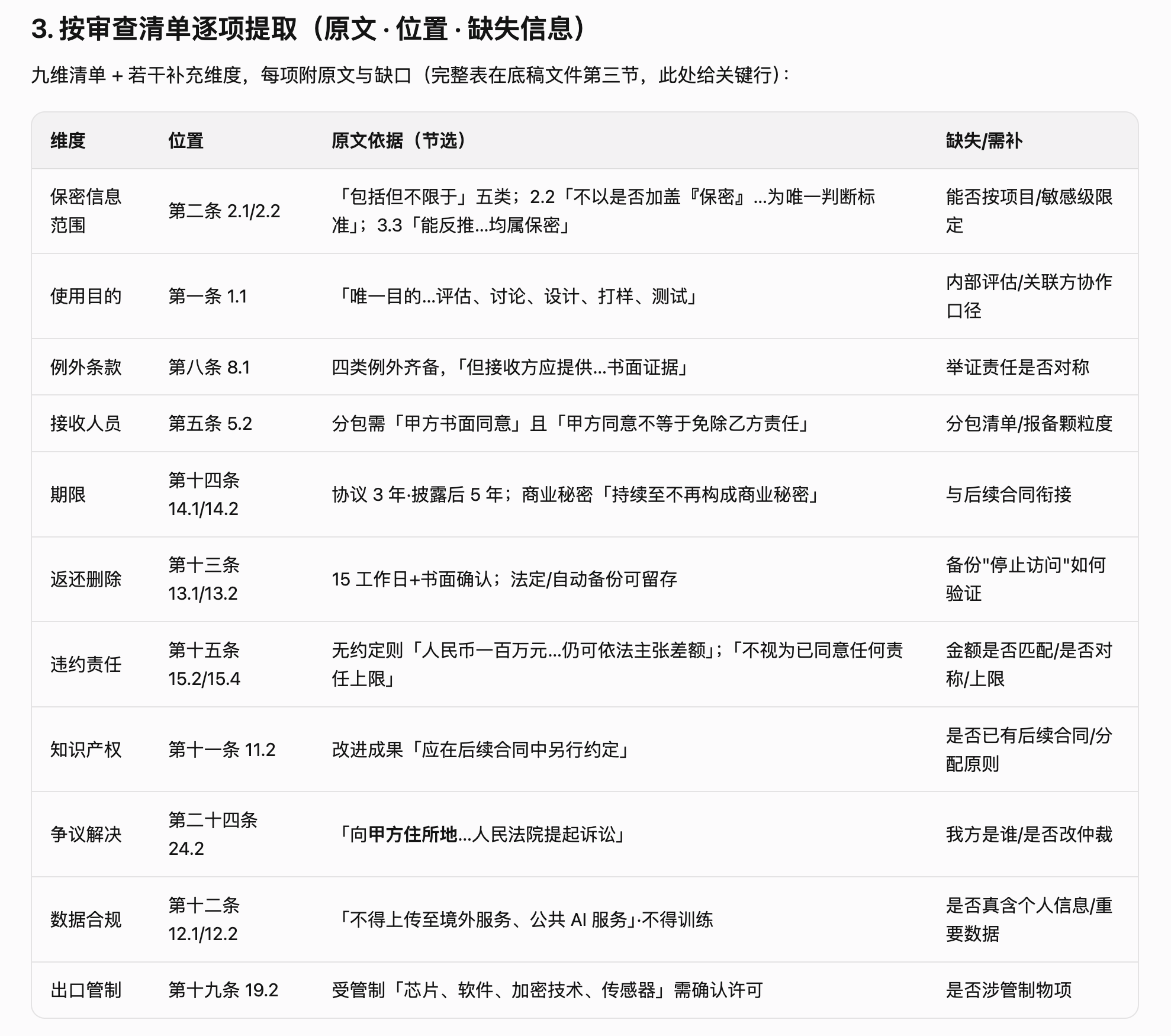 千问按审查清单提取NDA原文位置和缺失信息
