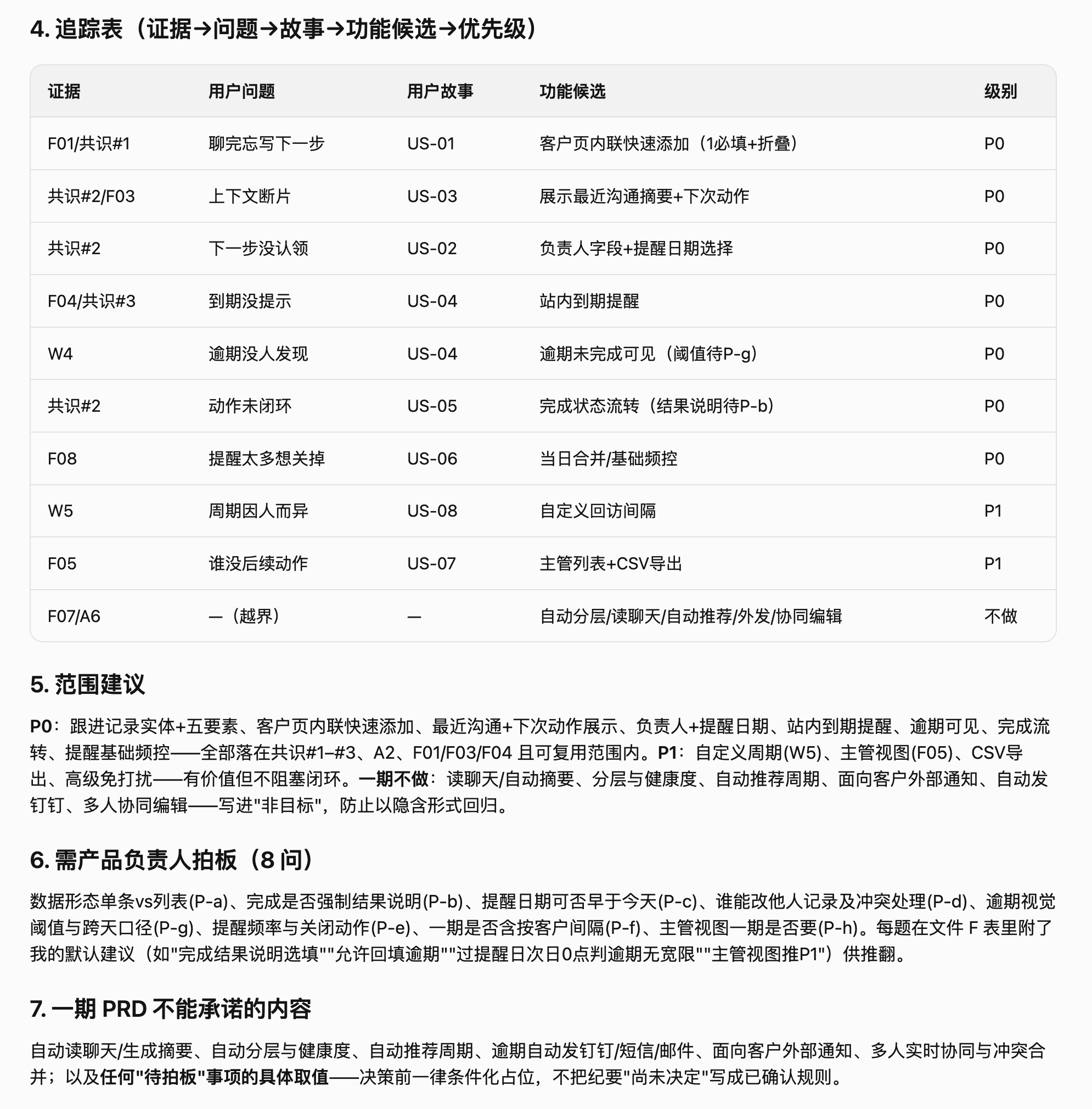 千问建立证据到用户故事和功能候选的追踪表